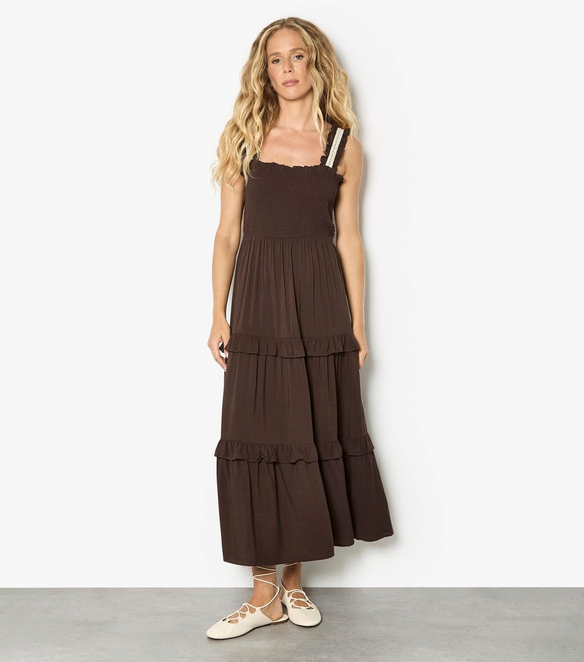 Apricot Dark Brown Crochet Midi Dress