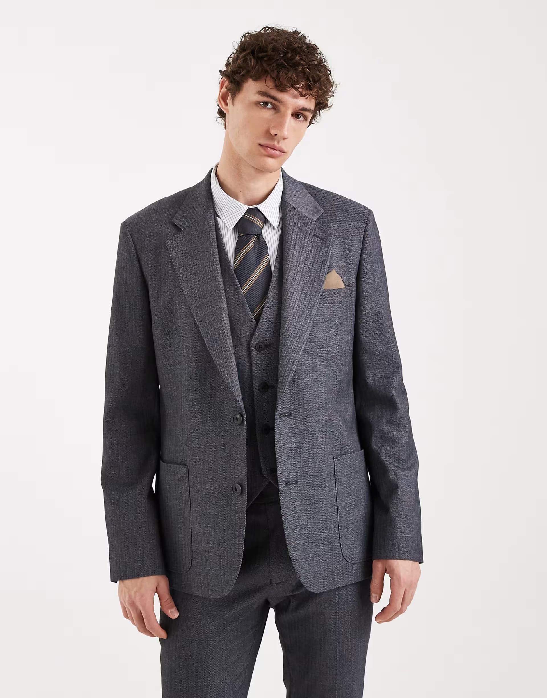 ASOS ASOS DESIGN skinny suit jacket in navy wool look herringbone