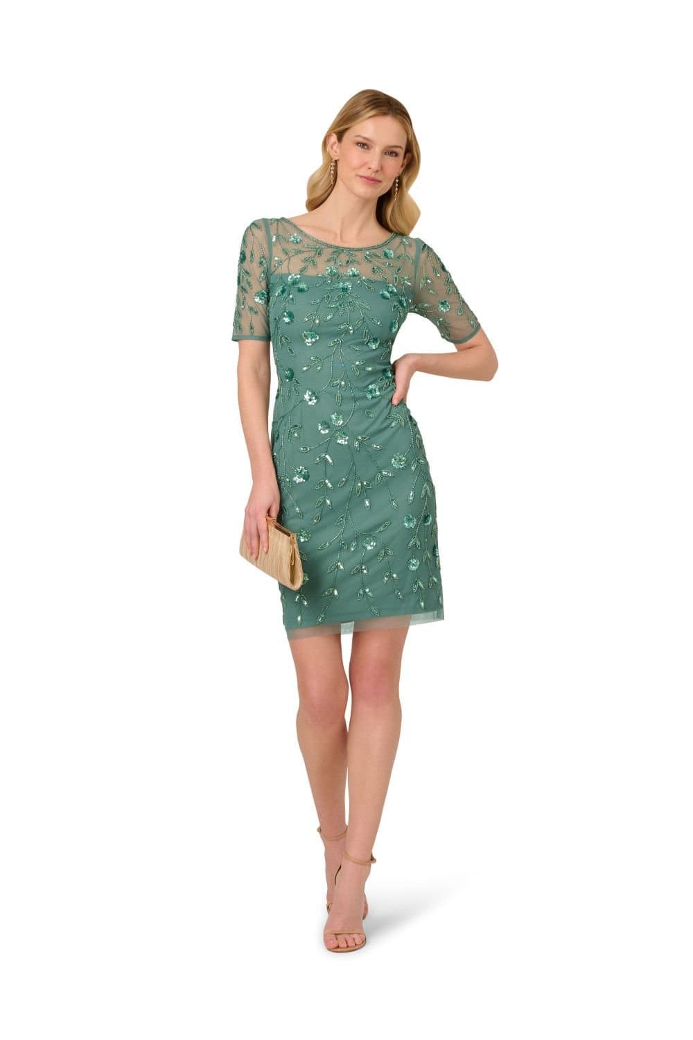 Adrianna Papell Adrianna Papell Women's Beaded Floral Short Dress in Green