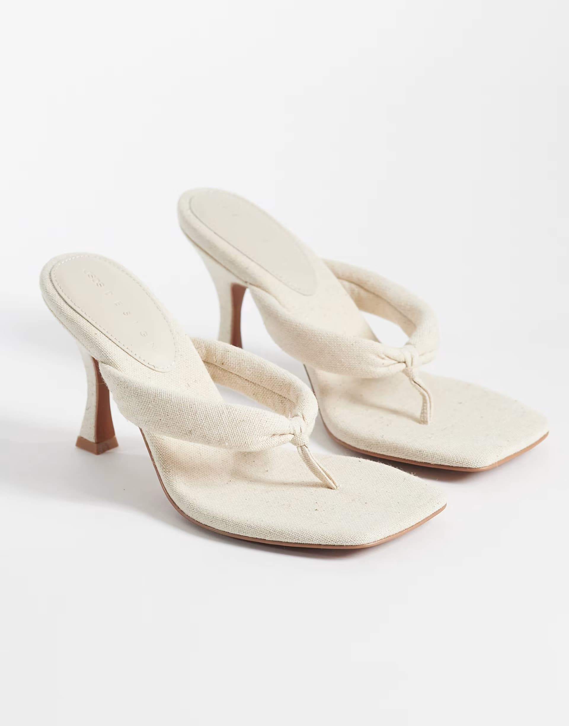 ASOS ASOS DESIGN Huddle padded toe thong heeled sandals in natural linen