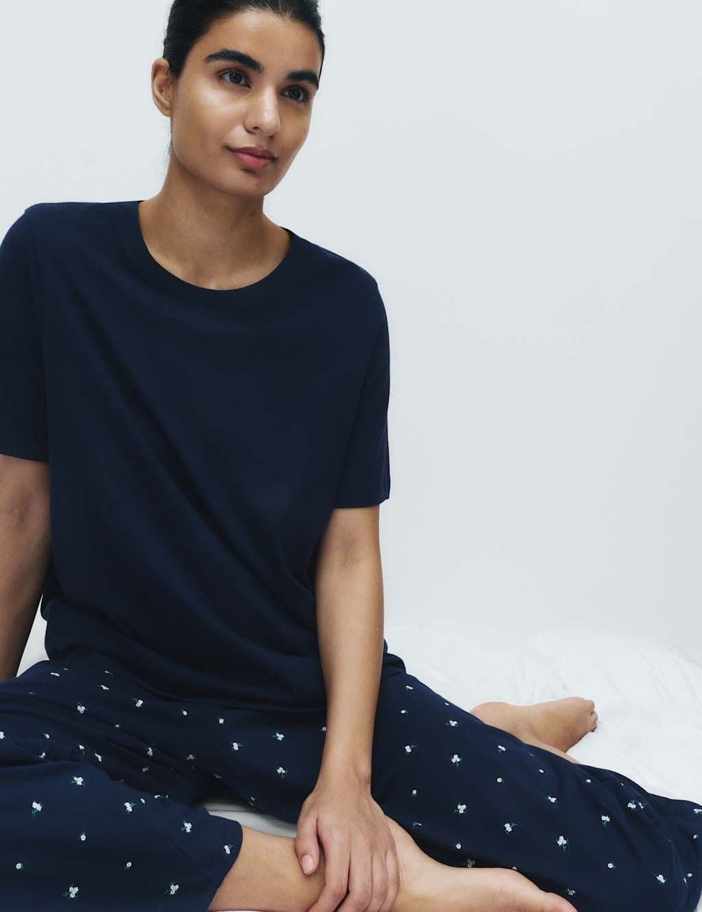 Marks & Spencer M&S Cotton Rich Printed Cropped Pyjama Set Navy Mix