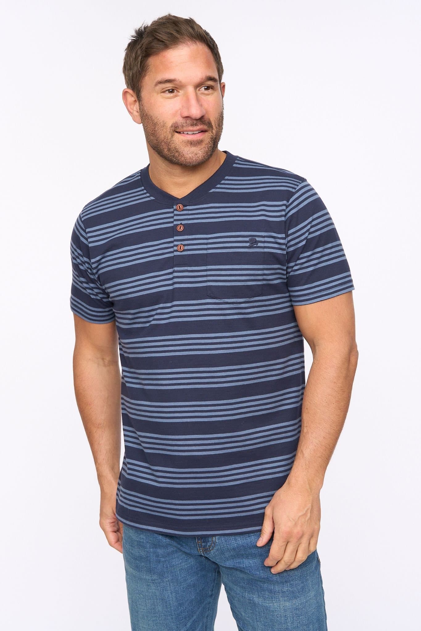 Bewley&Ritch Bewley&Ritch Men's Brigman 100% Cotton Slub Yarn-Dyed Stripe Henley T-Shirt in Navy