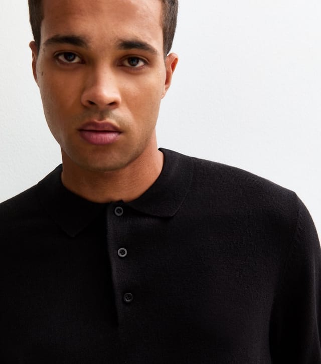 New Look Men's Black Regular Long Sleeve Polo Top New Look - 2