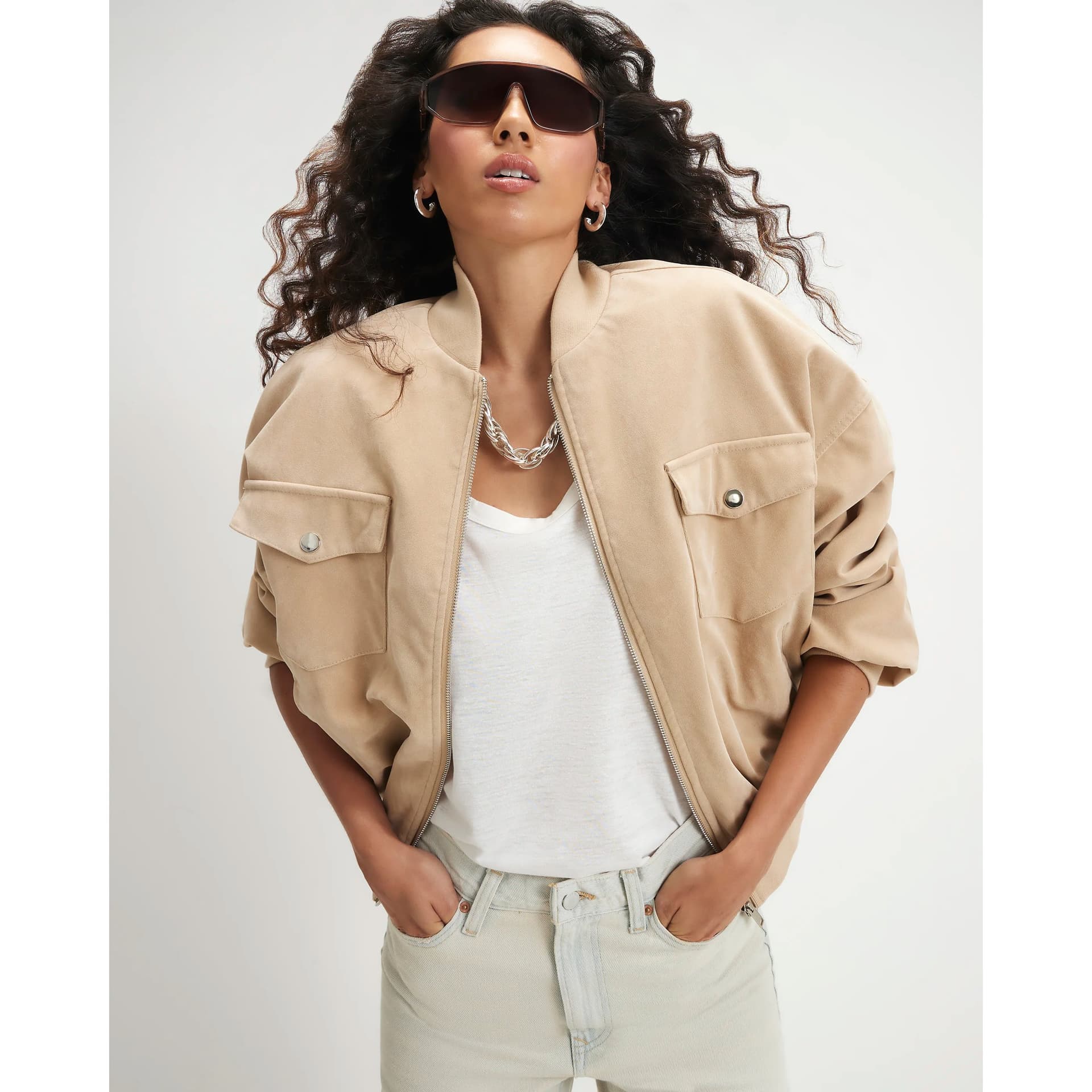 River Island River Island Womens Cream Faux Suede Classic Bomber Jacket