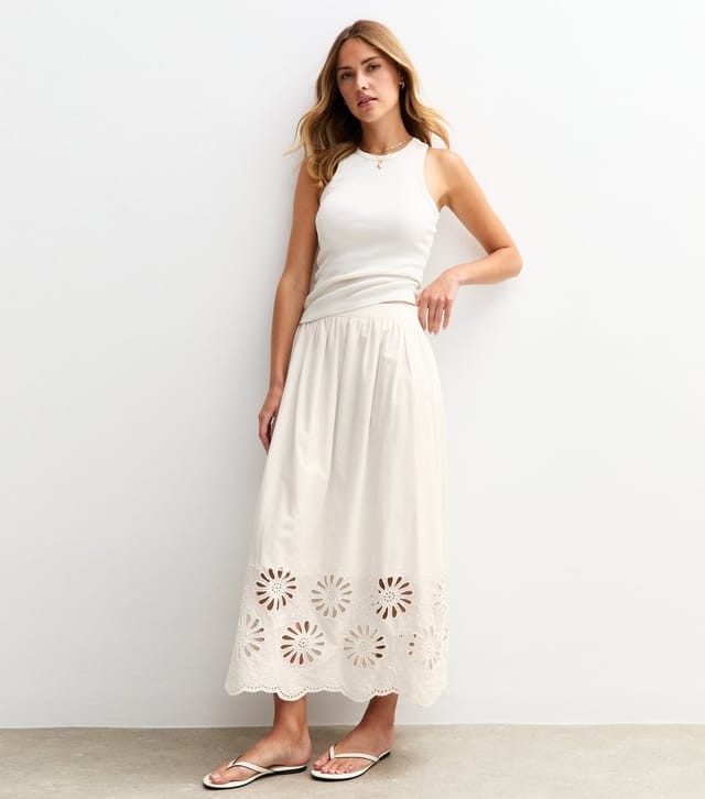 New Look Women's White Embroidered Cutout Hem Midi Skirt New Look - 2