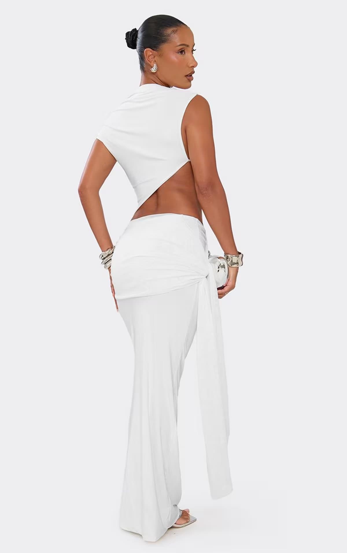 EGO One Shoulder Cut Out Drape Detail Maxi Dress In White, Women's Size UK 6