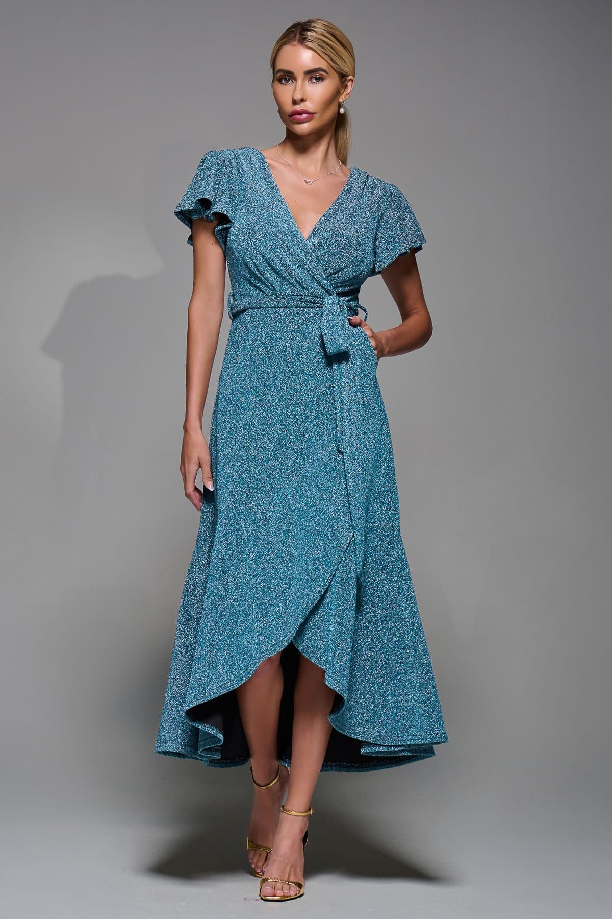 Jolie Moi Jolie Moi Women's Metalic Angel Sleeve Wrap Maxi Dress in Blue