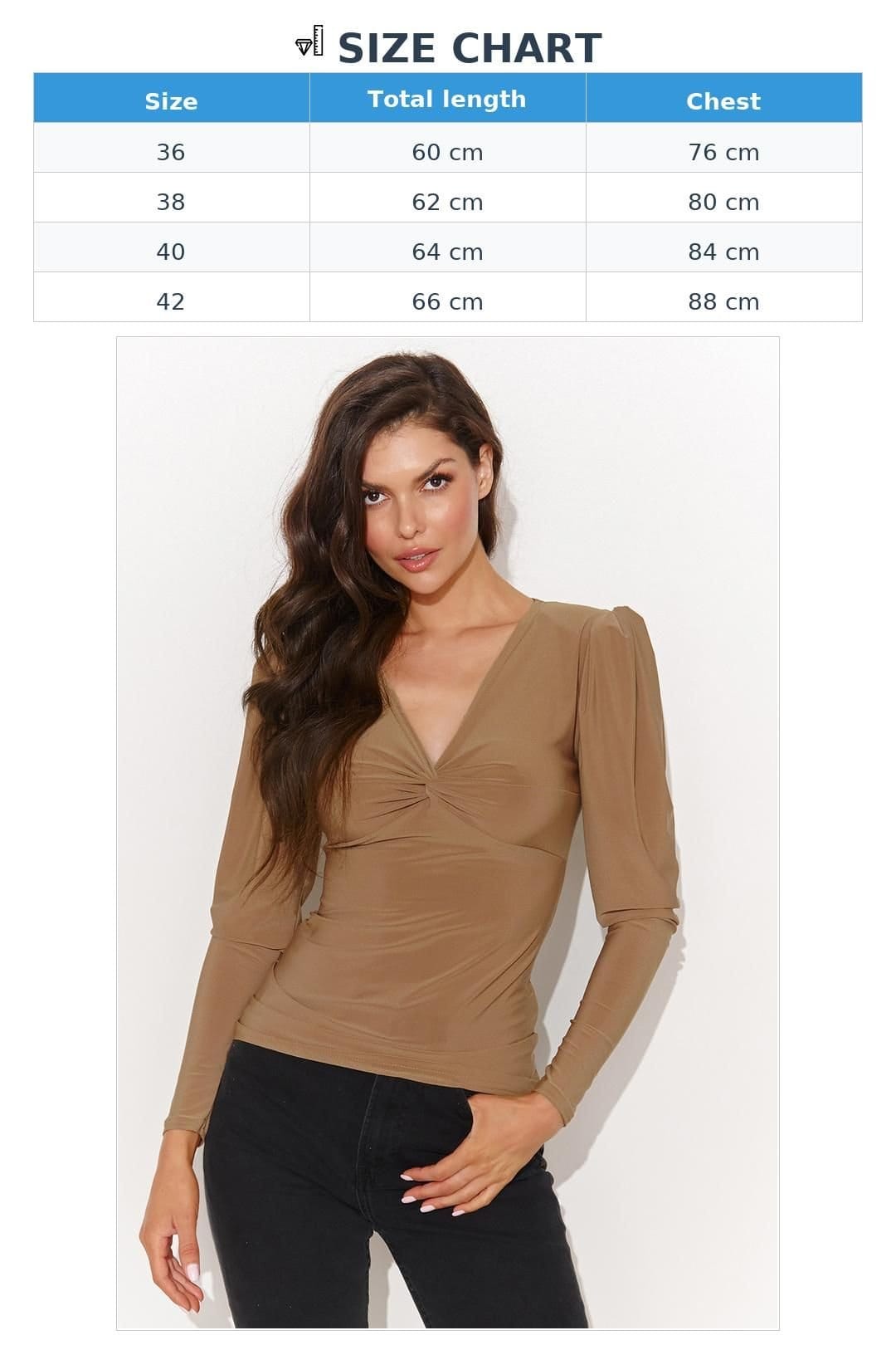 Love Lace Love Lace Women's V Neck Fitted Puff Sleeve Blouse with Back Detail in Brown - 4