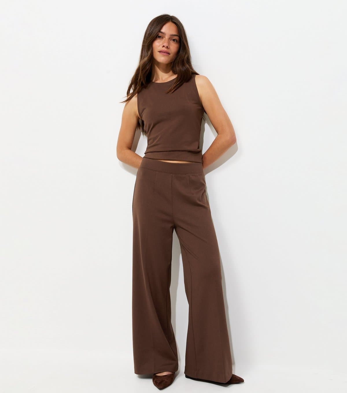 New Look Women's Petite Dark Brown Jersey Wide Leg Trousers New Look