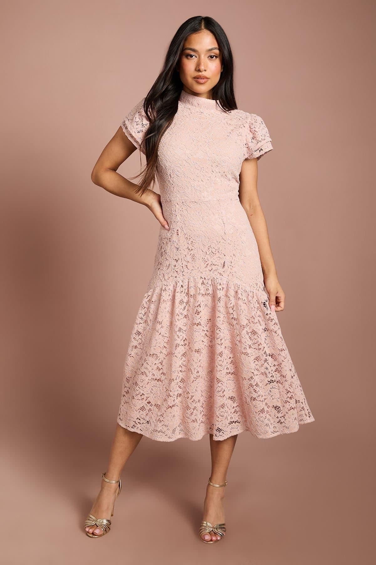Coast Coast Women's Petite Lace Frill Sleeve High Neck Midi Dress in Blush