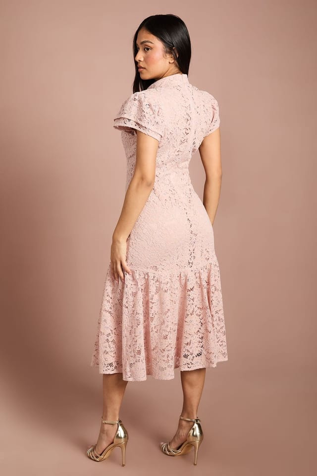 Coast Coast Women's Petite Lace Frill Sleeve High Neck Midi Dress in Blush - 3
