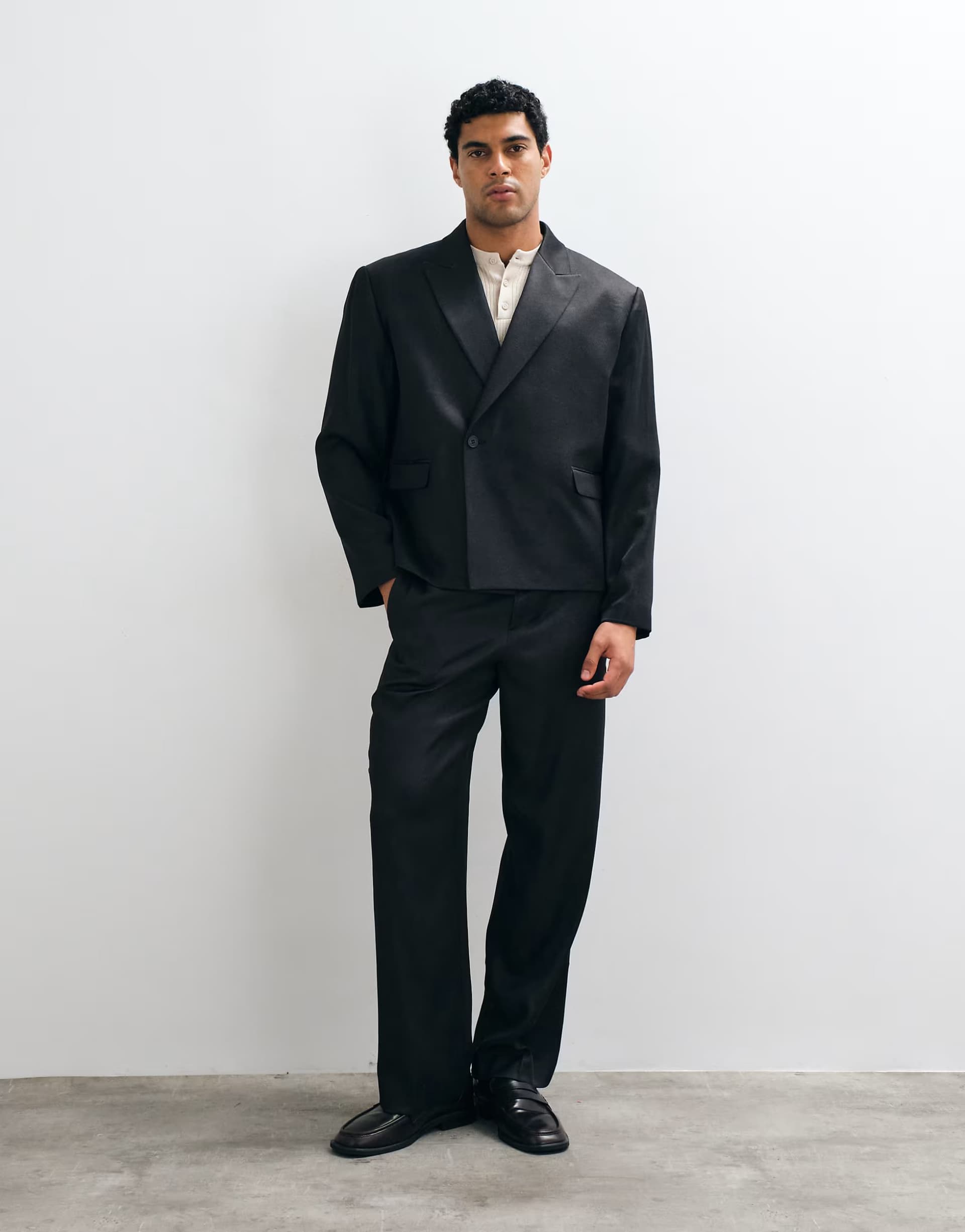 ASOS ASOS DESIGN boxy wrap suit jacket in black denim look