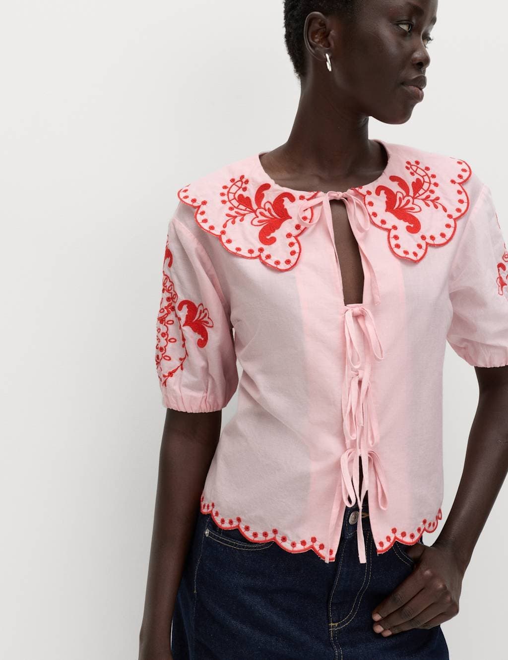 Marks & Spencer M&S Embroidered Collared Blouse in Pink Mix