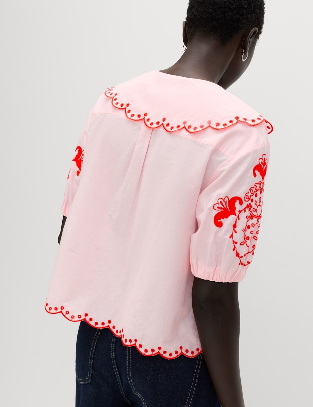 Marks & Spencer M&S Pure Cotton Embroidered Collared Blouse Pink Mix - 2