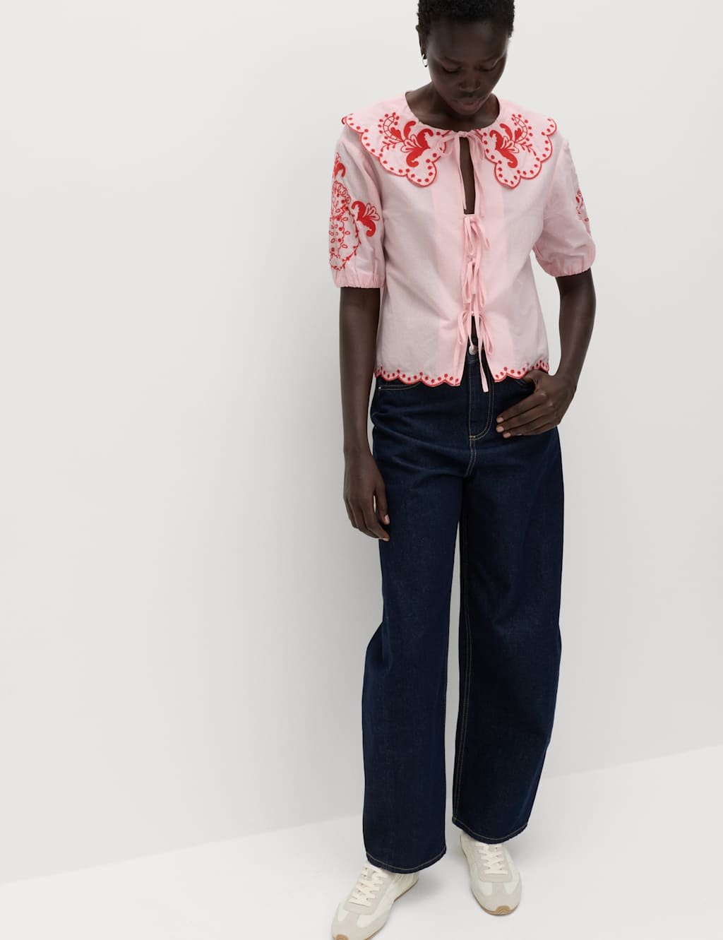 Marks & Spencer M&S Pure Cotton Embroidered Collared Blouse Pink Mix - 3