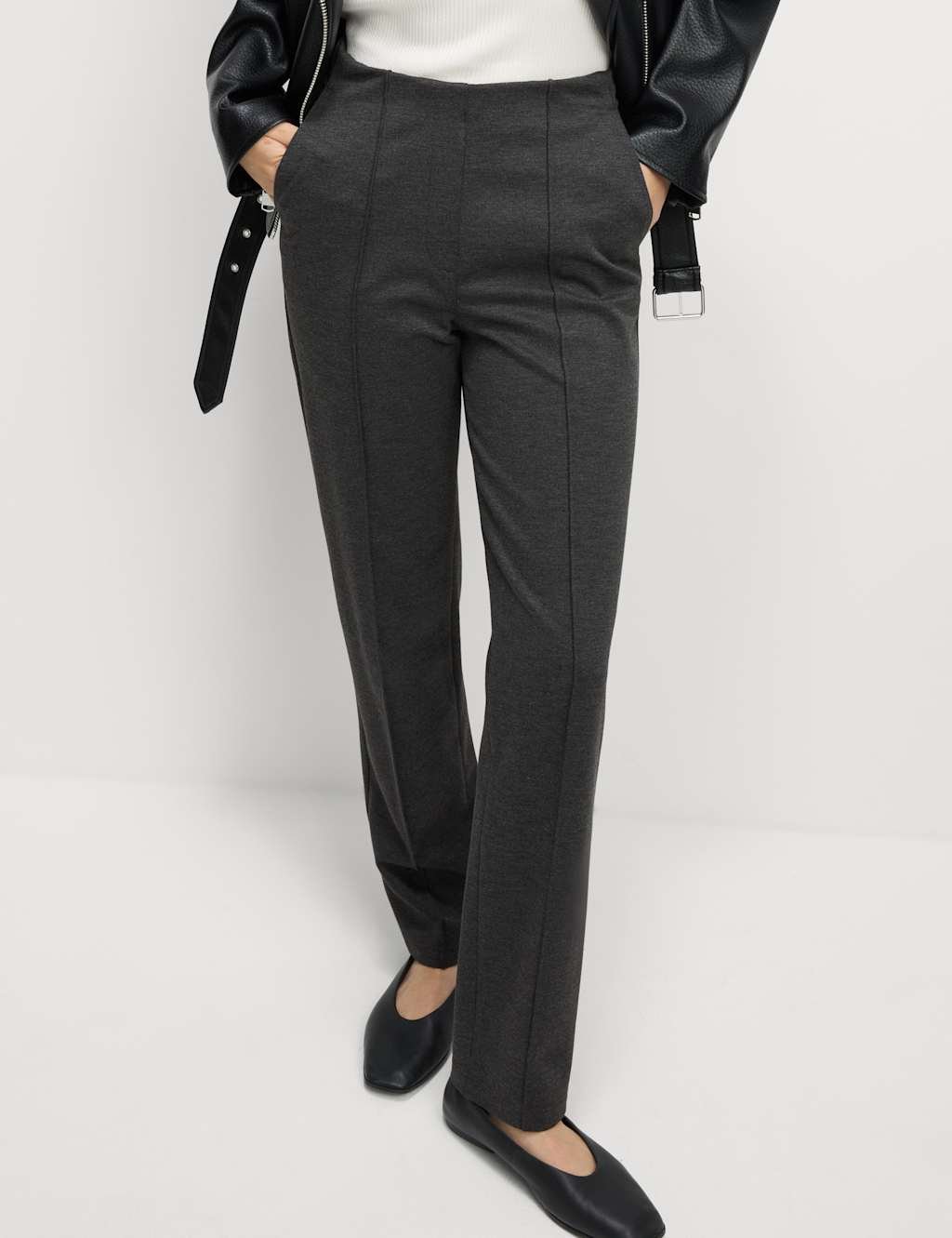 Marks & Spencer M&S Jersey Twill Straight Leg Trousers Charcoal - 3