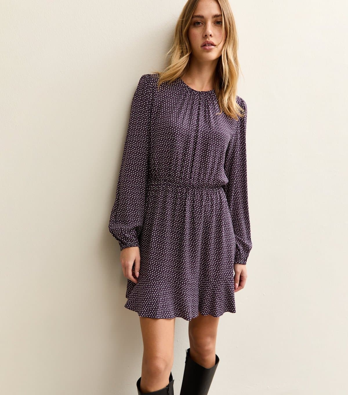 New Look Women's Burgundy Spotty Flared Hem Mini Dress New Look