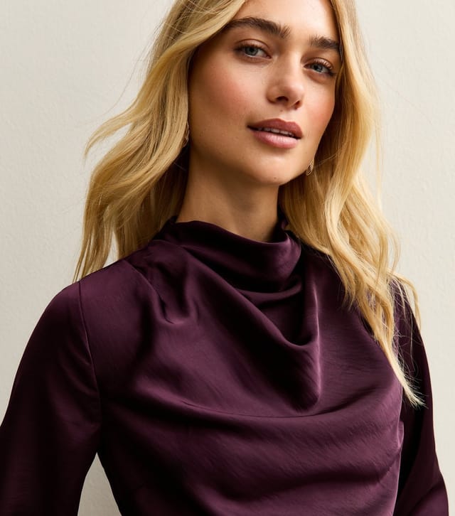 New Look Women's Burgundy Satin Cowl Neck Long Sleeve Top New Look - 2