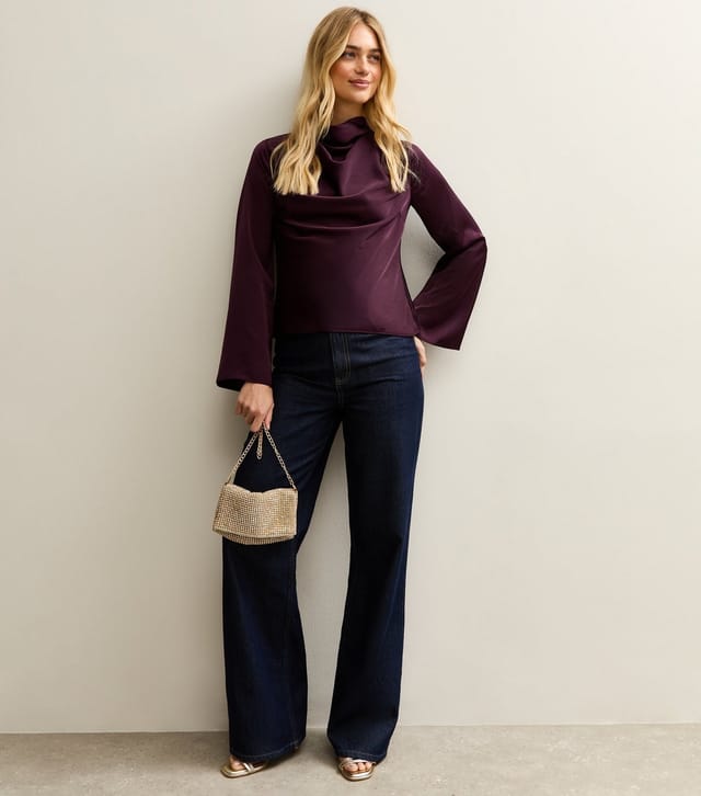 New Look Women's Burgundy Satin Cowl Neck Long Sleeve Top New Look - 3