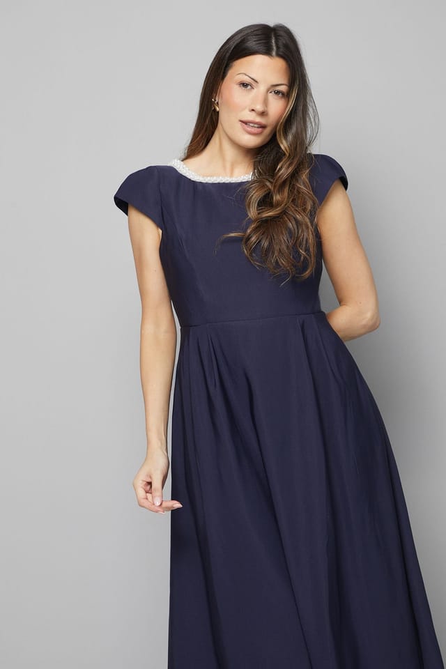 Wallis Wallis Women's Embellished Ottoman Twill Midi Dress in Navy - 2