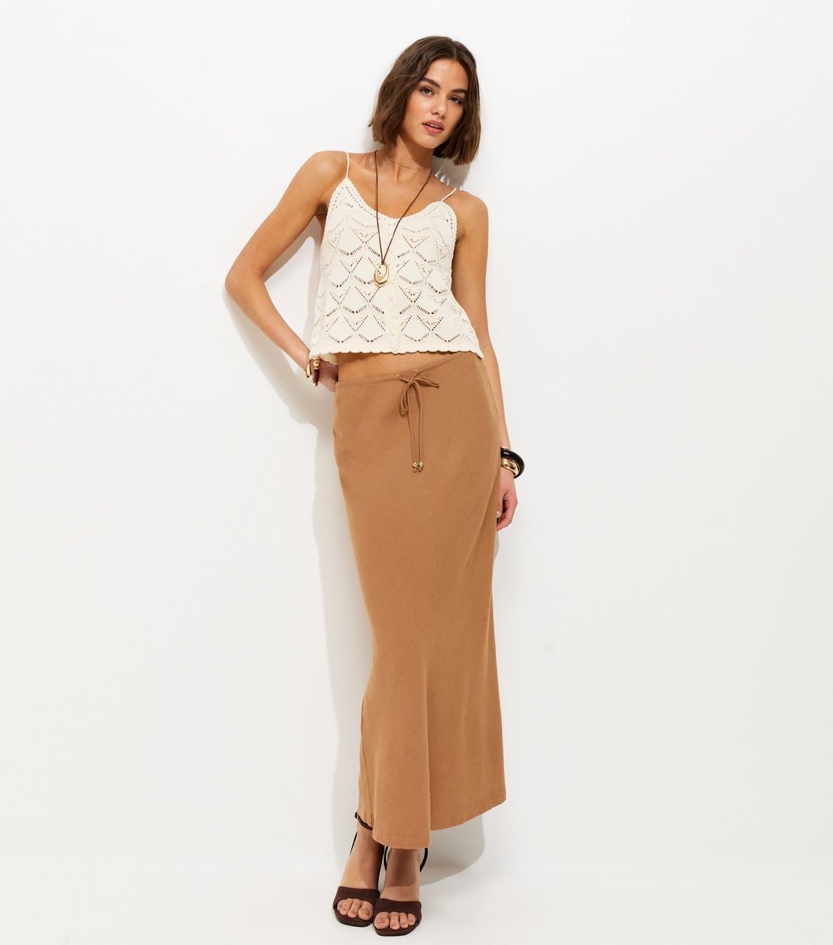 New Look Women's Tan Linen Look Bias Cut Midi Skirt New Look