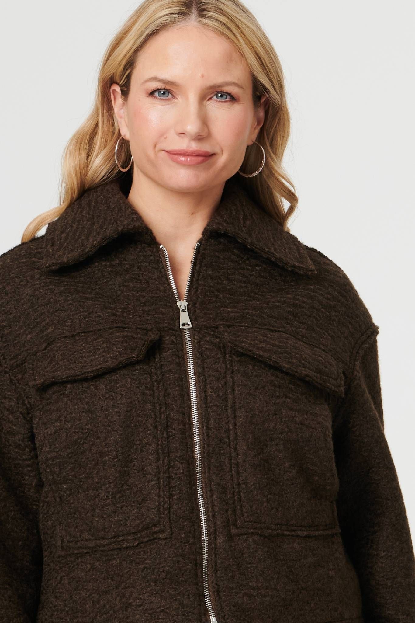 Izabel London Izabel London Women's Collared Pocket Front Cropped Jacket in Brown - 2