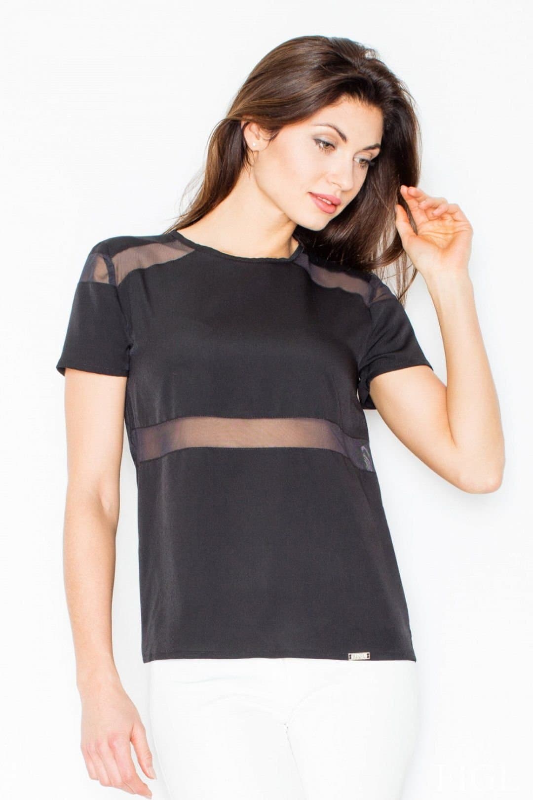 Love Lace Love Lace Women's Short Sleeve Mesh Insert Blouse With Zip in Black