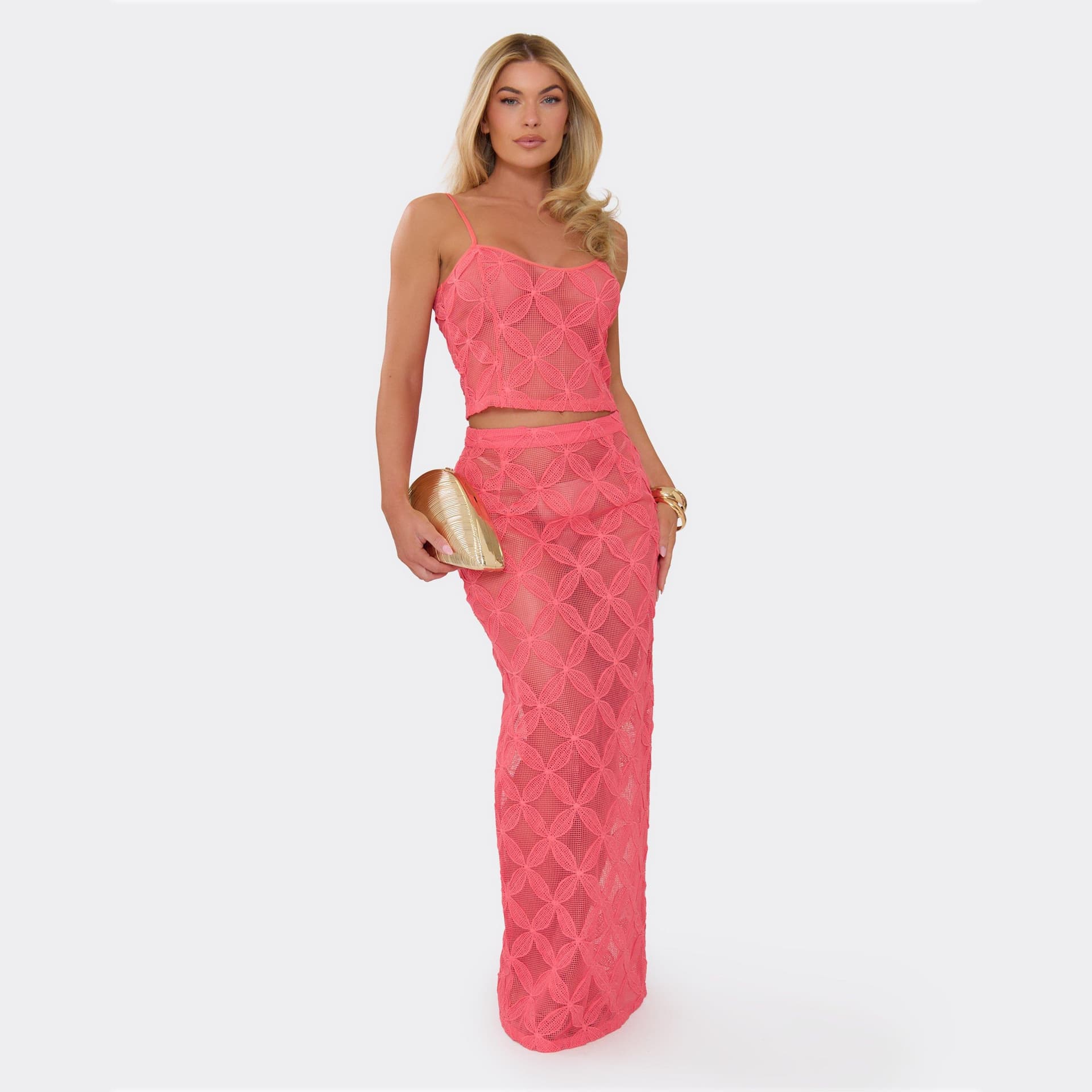 EGO Split Back Maxi Skirt In Coral Floral Texture, Women's Size UK 6