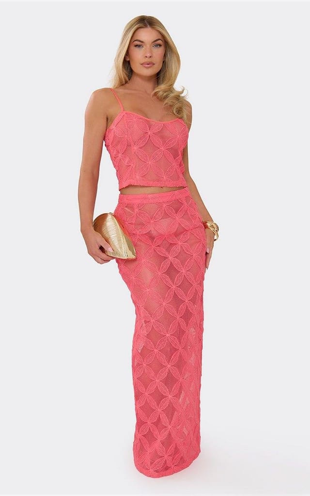 EGO Split Back Maxi Skirt In Coral Floral Texture, Women's Size UK 6 - 2