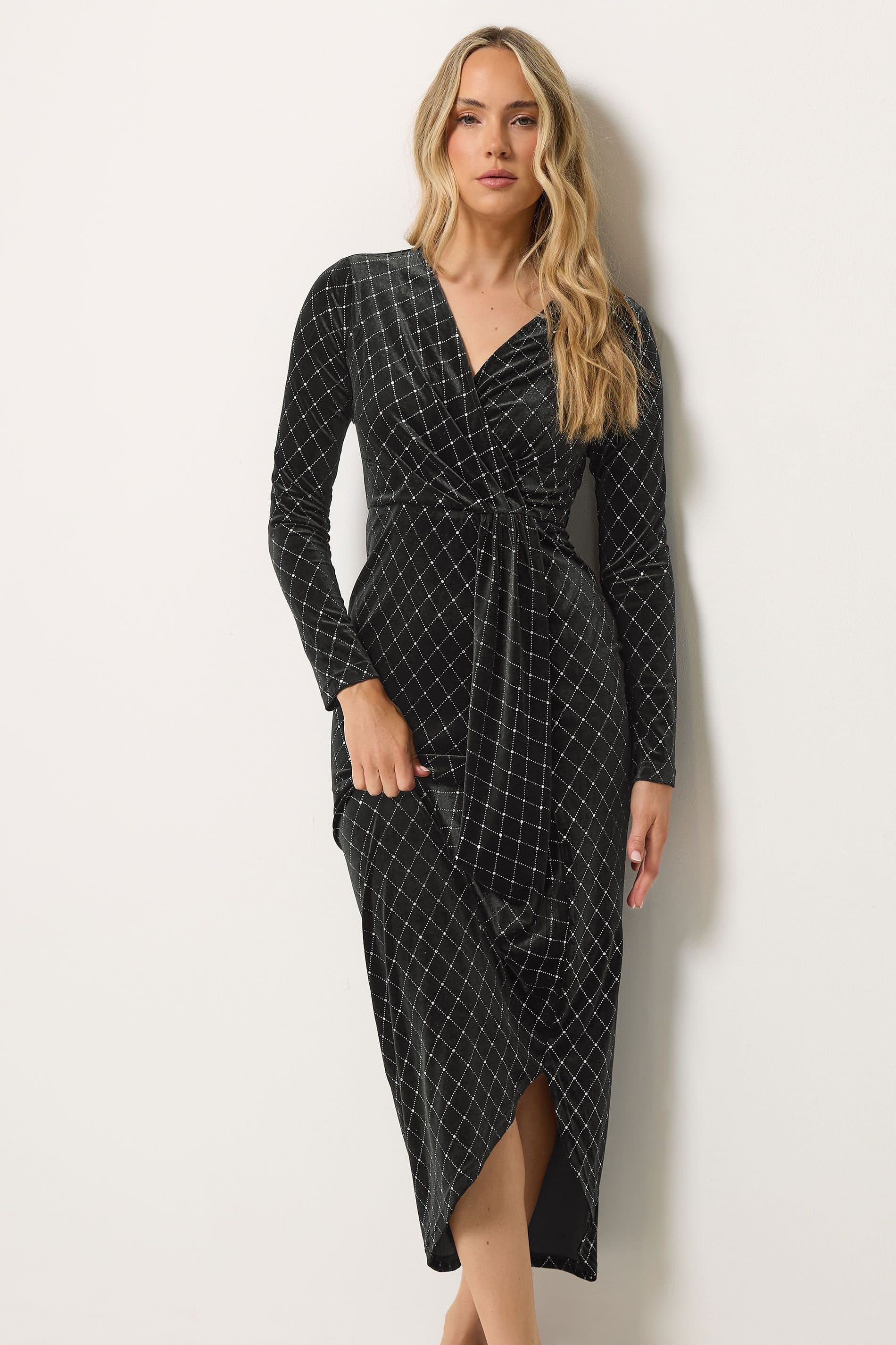 Long Tall Sally Long Tall Sally Women's Tall Glitter Velvet Wrap Midi Dress in Black