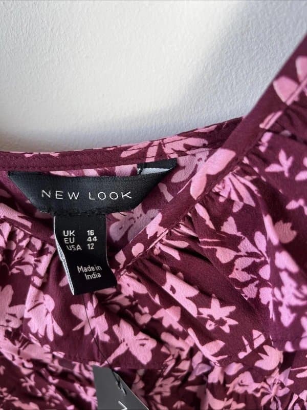 New Look New look - floral frill mid dress - size uk 16 - burgundy