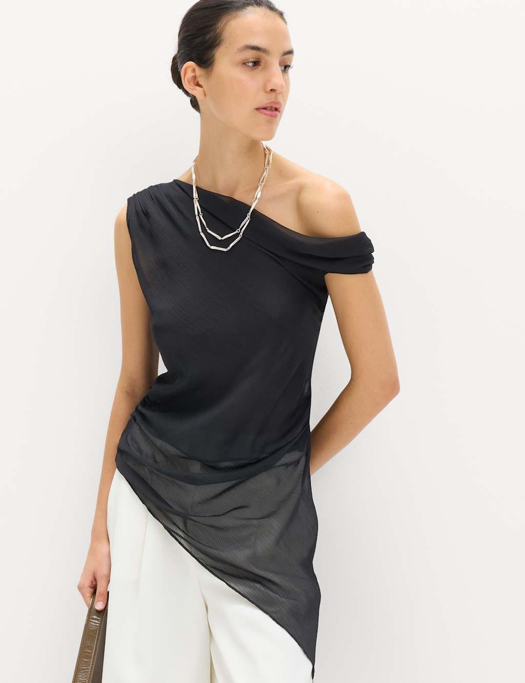 Marks & Spencer M&S Black Draped One Shoulder Asymmetric Longline Top
