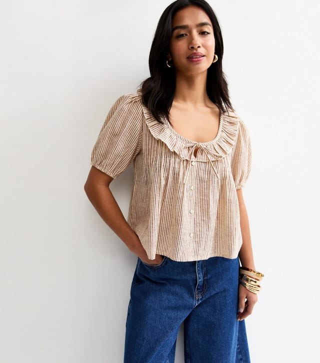 New Look Women's Petite Brown Striped Frill Collar Blouse New Look - 2