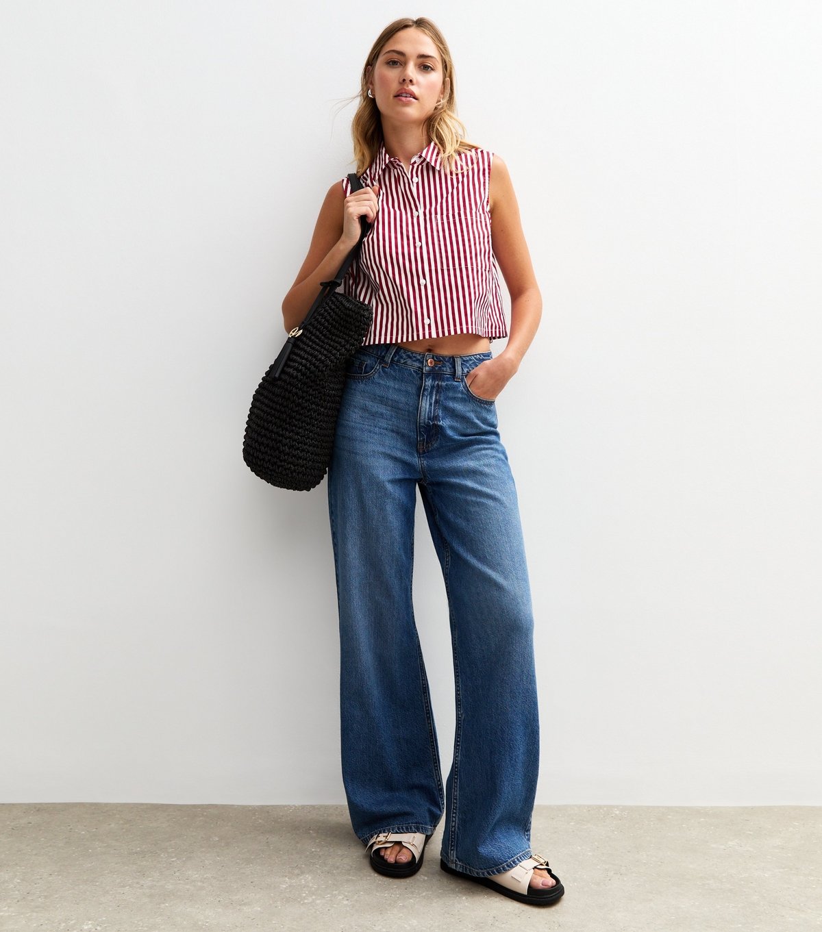 New Look Women's Red Poplin Striped Crop Sleeveless Shirt New Look - 3