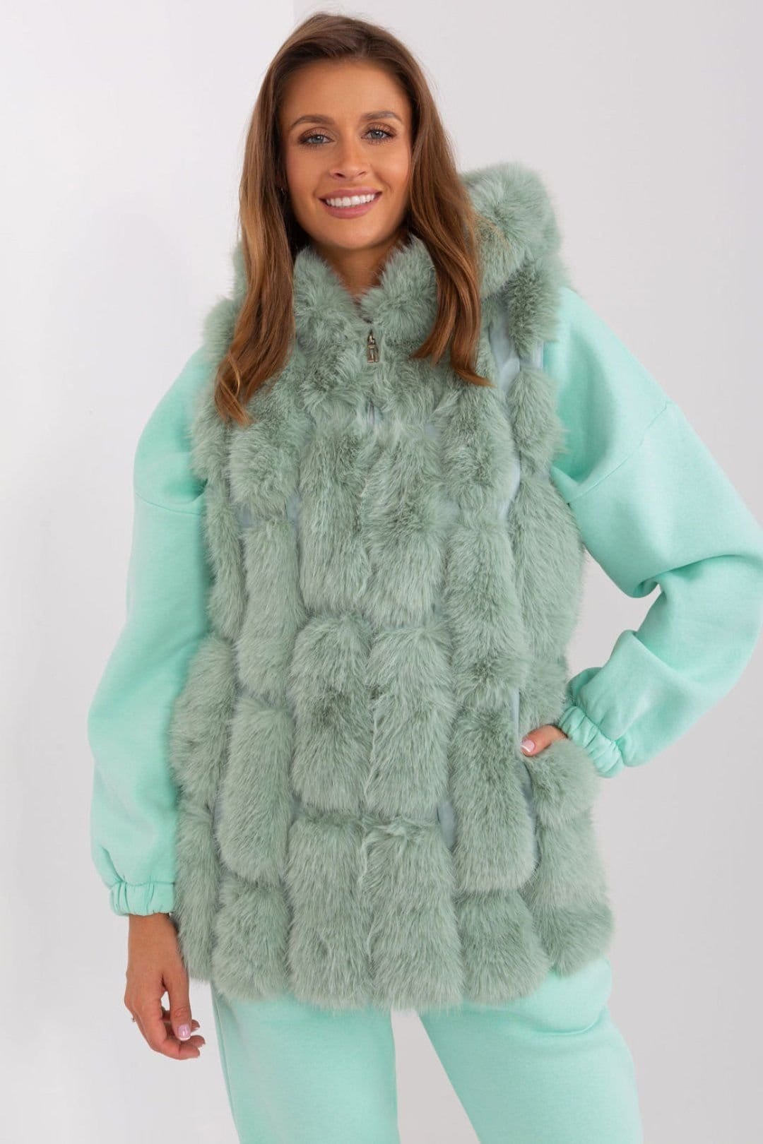 Love Lace Green Faux Fur Hooded Zip Front Vest