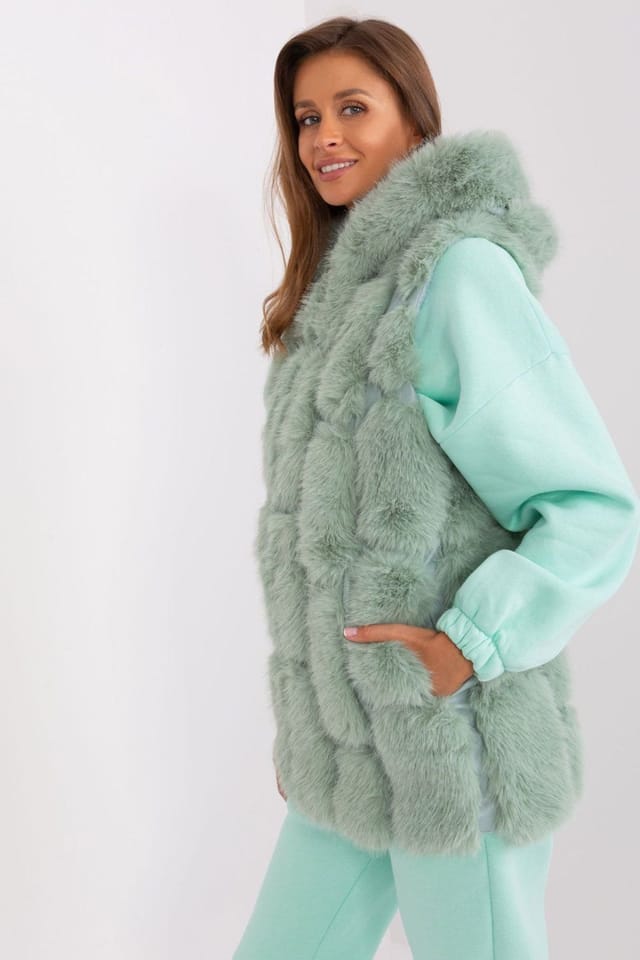Love Lace Love Lace Women's Faux Fur Hooded Zip Front Vest with Pockets in Green - 2