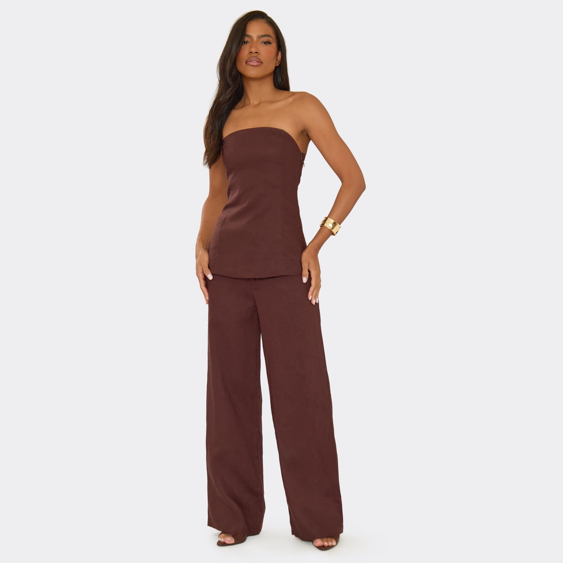 EGO EGO Chocolate Brown Linen Wide Leg Trousers