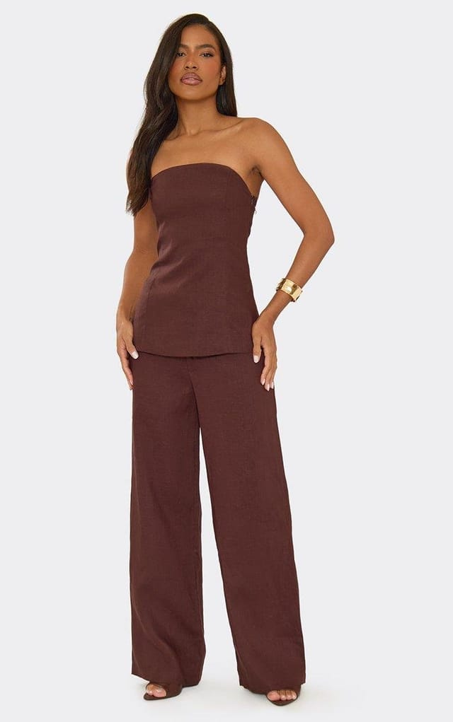 EGO Mid Rise Wide Leg Trousers In Chocolate Brown Linen, Women's Size UK 6 - 2