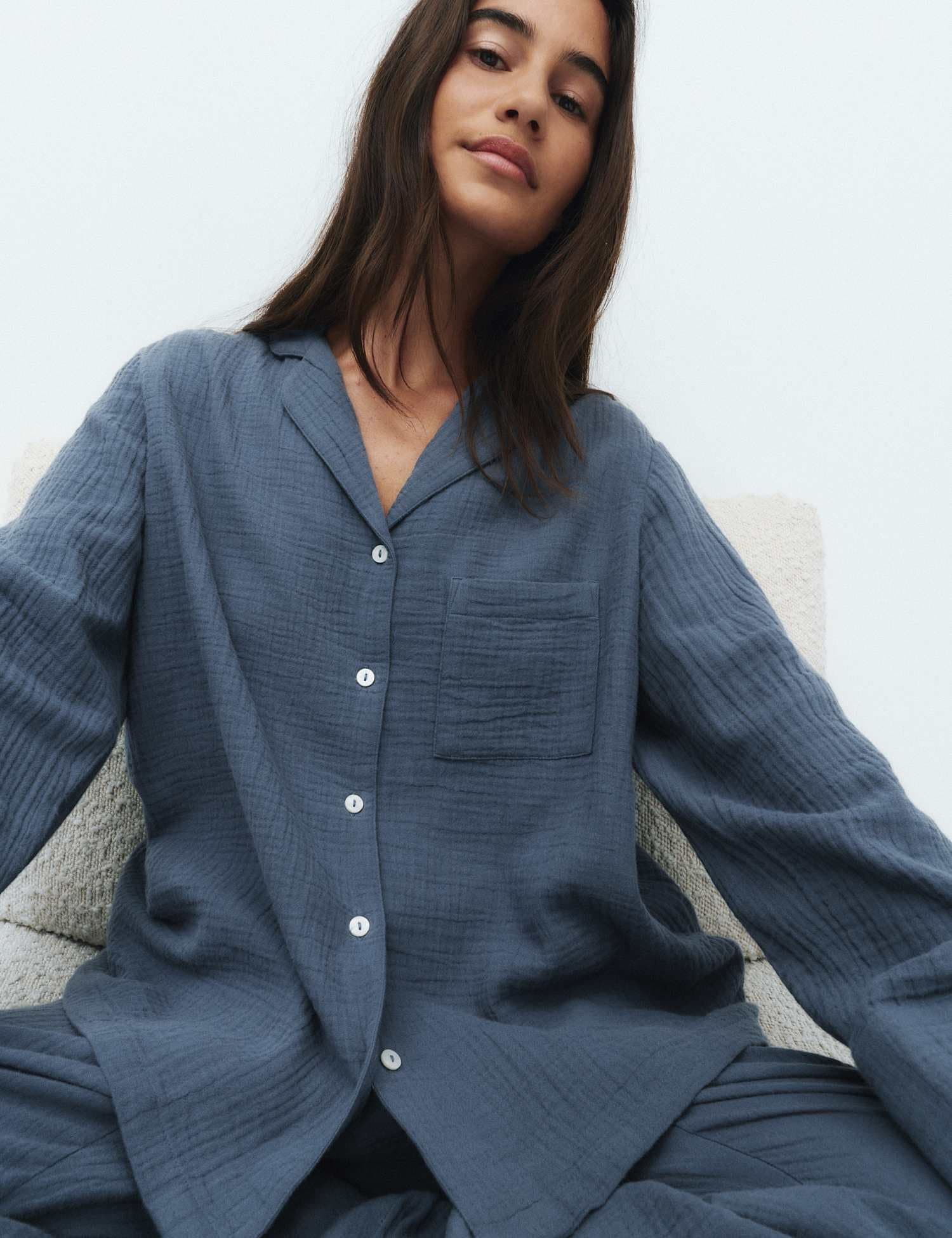 Marks & Spencer M&S Cool Comfort™ Pure Cotton Muslin Pyjama Set Steel Blue