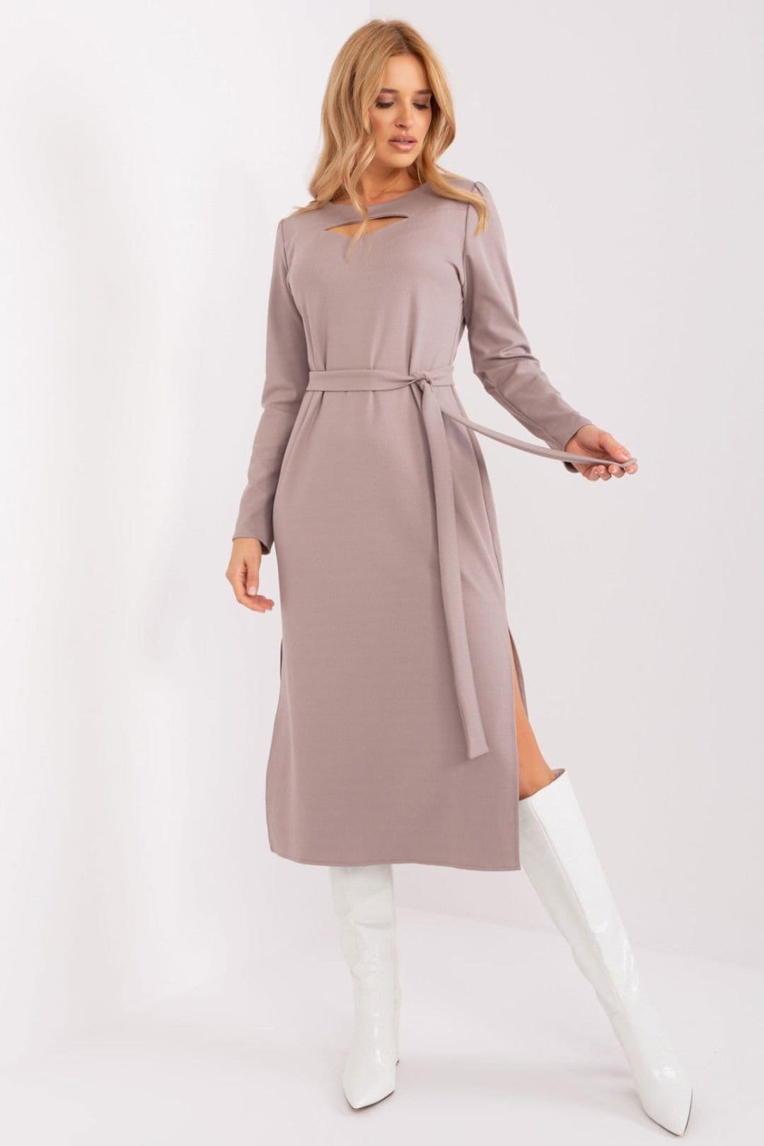 Love Lace Beige Ribbed Midi Dress With Tie Belt