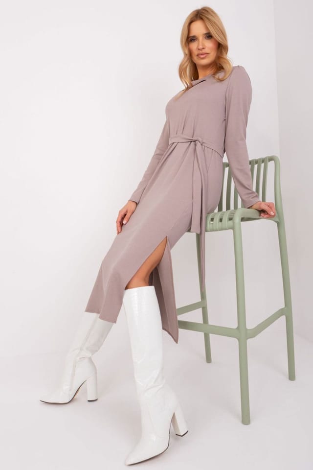 Love Lace Love Lace Women's Elegant Tie Belt Midi Ribbed Dress in Beige - 2