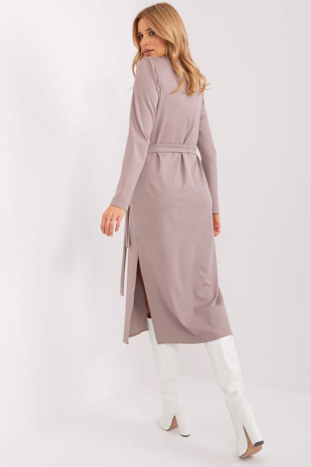 Love Lace Love Lace Women's Elegant Tie Belt Midi Ribbed Dress in Beige - 3