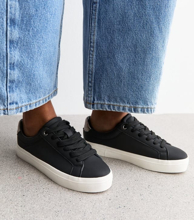 New Look Women's Black Faux Leather Contrast Heel Tab Trainers Vegan New Look - 2