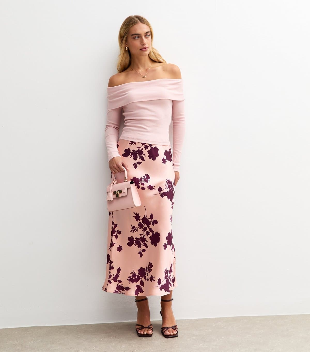 New Look Women's Pink Floral Print Satin Midi Skirt New Look