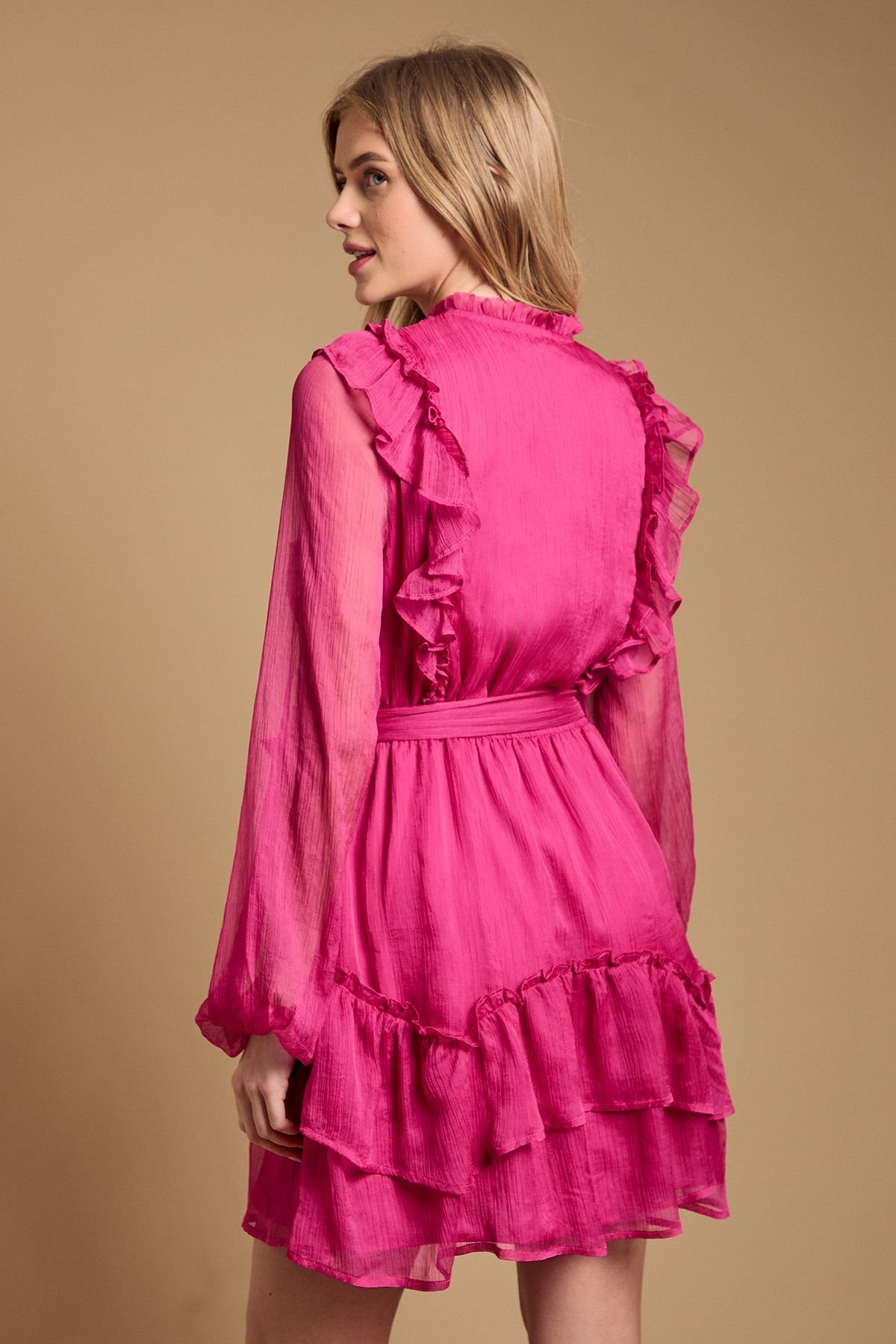 Oasis Oasis Women's Ruffle Boho Mini Dress in Magenta Pink - 3