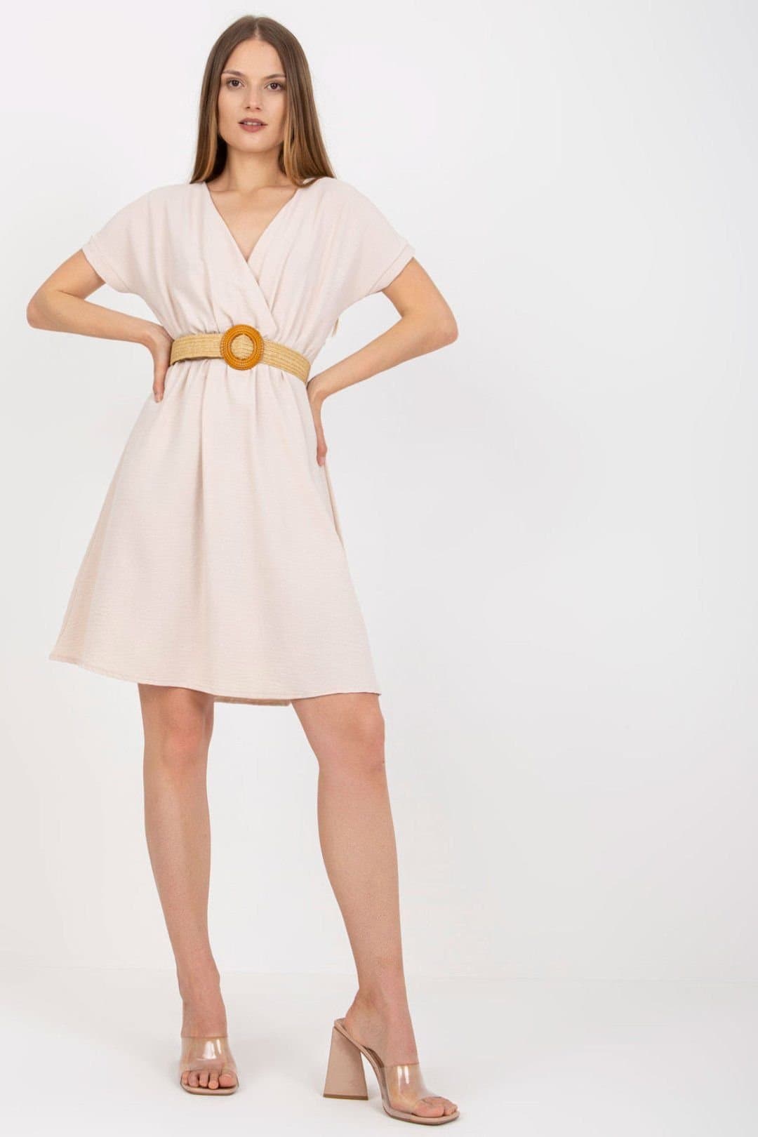 Love Lace Love Lace Women's Envelope Front Short Sleeve Braided Belt Dress in Beige