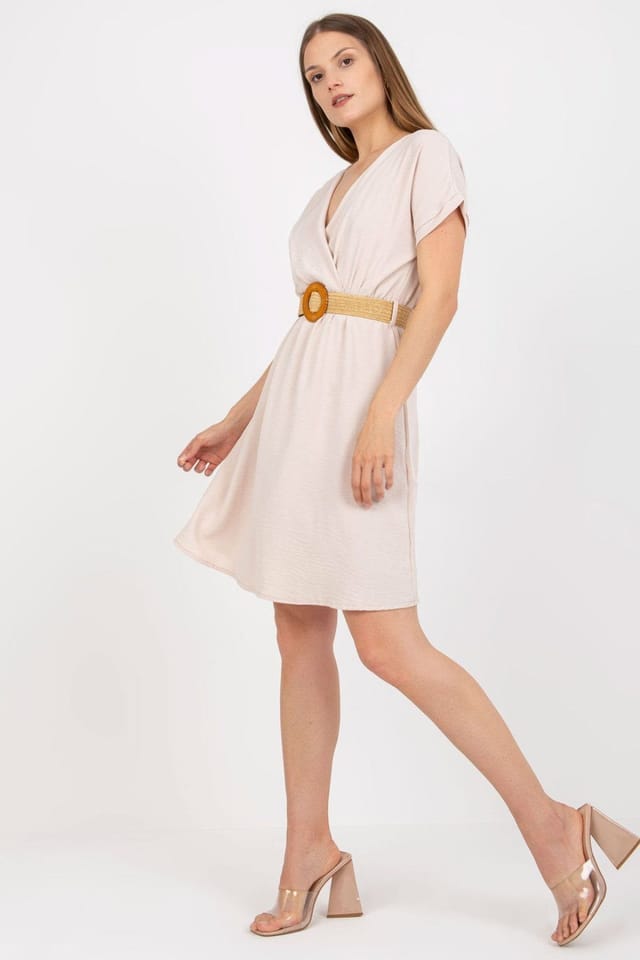 Love Lace Love Lace Women's Envelope Front Short Sleeve Braided Belt Dress in Beige - 2