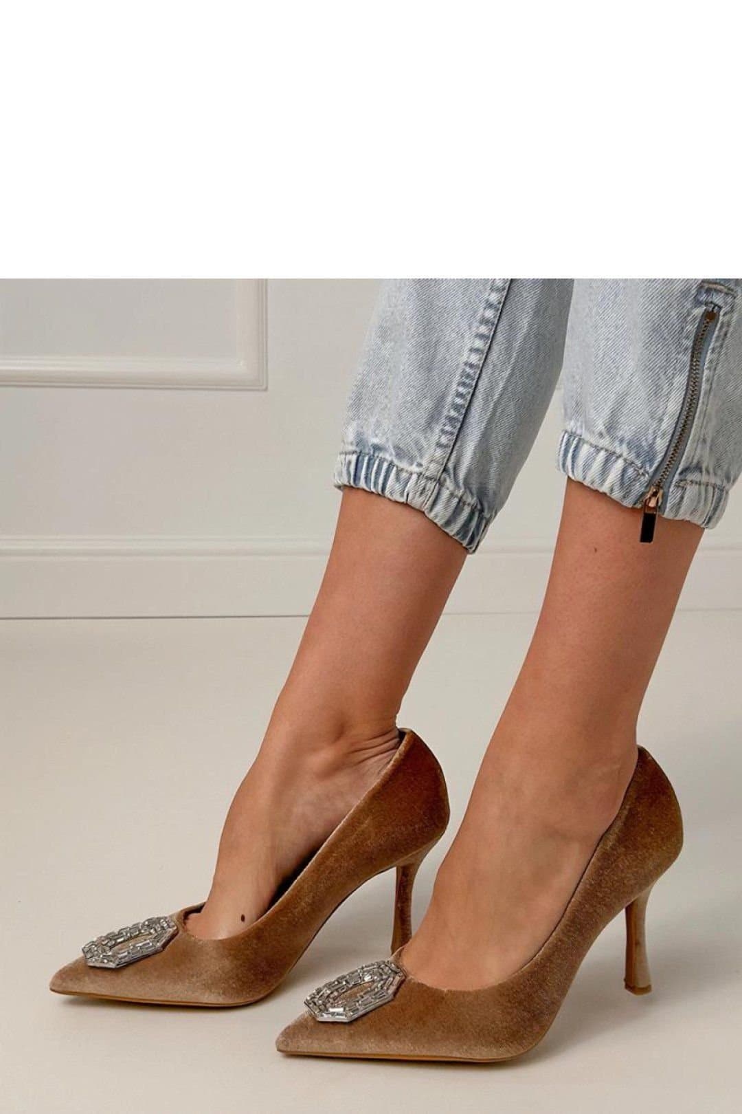 Love Lace Love Lace Women's Elegant Zirconia Fabric Slip On High Heels with Pointed Toe in Brown