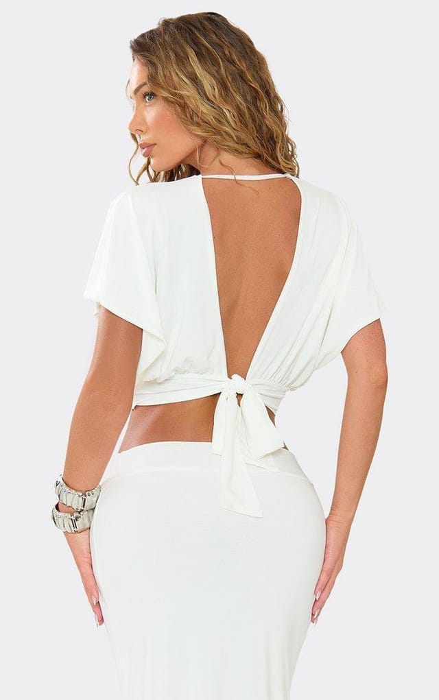 EGO Short Flared Sleeve Tie Back Top In Cream, Women's Size UK 6 - 2