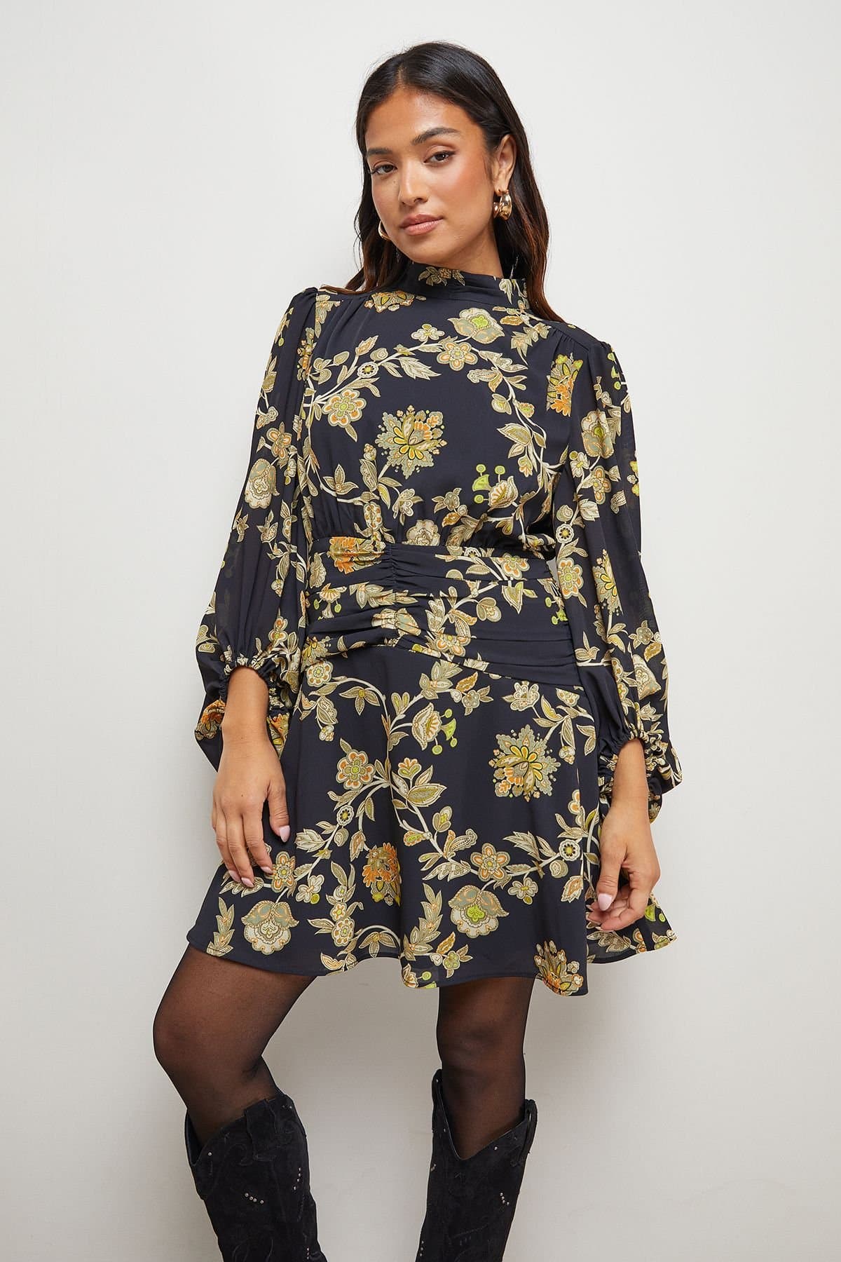 Oasis Oasis Women's Petite High Neck Gathered Waist Balloon Sleeve Mini Dress in Black